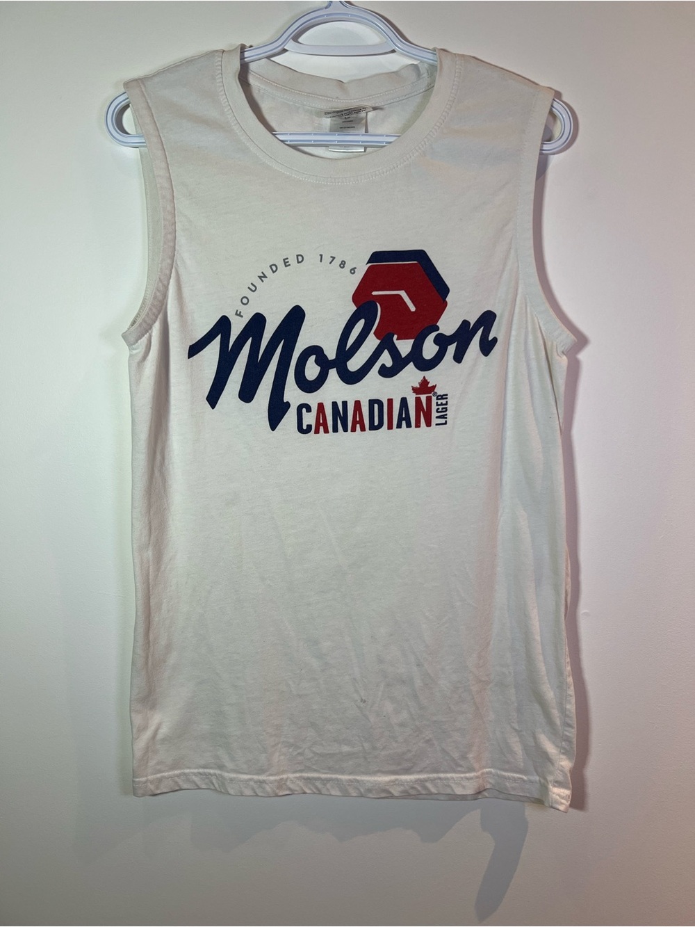 Molson Canadian Men’s Small Sleeveless Logo Tank - White with Navy & Red
